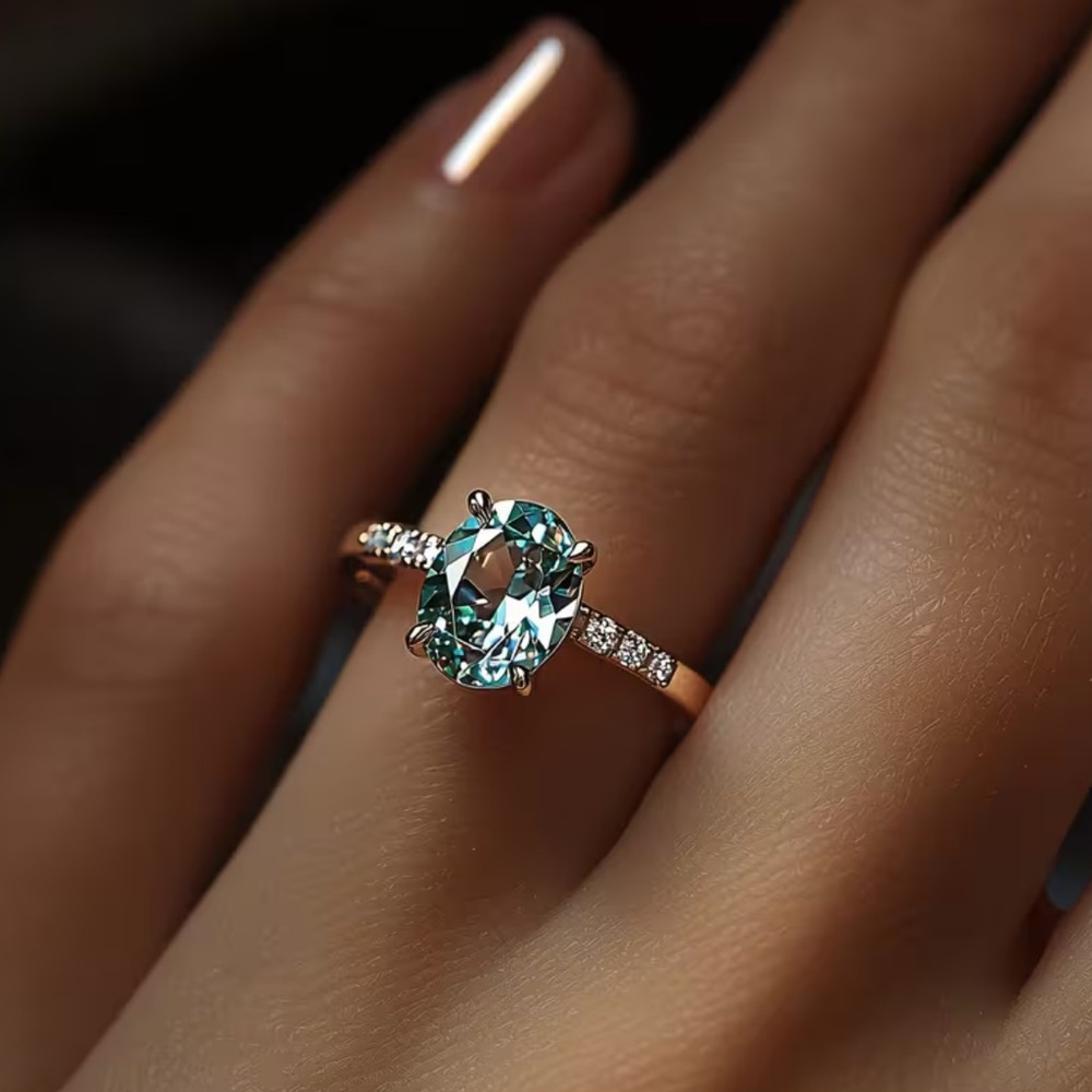 Gold and Aqua Blue Moissanite Gemstone Ring - NEW - SIZE 7 - Picture 3 of 3